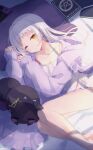  1girl absurdres bangs bare_legs book cardigan closed_mouth collarbone hands_up highres hololive long_hair long_sleeves looking_at_viewer lying morikome_(moririce) murasaki_shion on_bed on_side one_eye_closed open_cardigan open_clothes pillow purple_cardigan shiokko_(murasaki_shion) shirt simple_background skirt sleeves_past_wrists solo spaghetti_strap virtual_youtuber white_shirt white_skirt yellow_eyes 