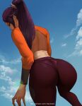  1girl ass backless_outfit bleach breasts clouds dark-skinned_female dark_skin from_behind large_breasts lens_flare long_hair long_sleeves looking_at_viewer looking_back nextoad orange_shirt pants pantylines ponytail purple_pants shihouin_yoruichi shirt sky solo yellow_eyes 