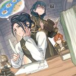  2boys 2girls ? aiguillette bangs black_vest book brown_eyes buttons byleth_(fire_emblem) byleth_eisner_(female) closed_eyes closed_mouth commentary_request crossed_arms dark_blue_hair desk ears epaulettes eyebrows_visible_through_hair felix_hugo_fraldarius fire_emblem fire_emblem:_three_houses fringe_trim garreg_mach_monastery_uniform glasses hair_between_eyes hair_bun hair_over_one_eye hair_over_shoulder harusame_(rueken) head_rest holding holding_book holding_quill imagining indoors ink inkwell jitome light_brown_hair looking_at_another looking_to_the_side medium_hair military military_uniform multiple_boys multiple_girls open_book orange_eyes orange_hair paper quill reading red-framed_eyewear shiny shiny_hair shirt short_hair sidelocks sitting speech_bubble standing stone_wall sweatdrop swept_bangs sylvain_jose_gautier thought_bubble tied_hair uniform vest wall white_shirt 