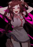  1girl :d apron arms_up bandaged_leg bandages bangs black_background breasts brown_hair danganronpa_(series) danganronpa_2:_goodbye_despair feet_up hands_in_hair highres large_breasts long_hair mole mole_under_eye open_mouth pink_background pink_shirt puffy_short_sleeves puffy_sleeves shindyushiyou shirt shoes short_sleeves skirt smile solo tears tsumiki_mikan 