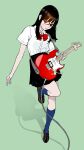  1girl black_hair blue_legwear bow bowtie cable collared_shirt electric_guitar glasses green_background guitar highres holding holding_instrument instrument kneehighs leg_up loafers long_hair looking_at_viewer music original peco_(pockleberry) pleated_skirt red_eyes school_uniform shirt shoes skirt smile solo 