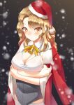  1girl bell blush breasts christmas coat coat_on_shoulders corset eyebrows_visible_through_hair hat houston_(kancolle) kantai_collection large_breasts light_brown_hair long_hair mayura2002 military military_uniform naval_uniform official_alternate_costume orange_eyes pom_pom_(clothes) red_coat red_headwear santa_hat solo uniform upper_body 