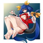  1girl ass bangs bare_legs bare_shoulders barefoot belt blue_hair breasts center_opening choker christmas detached_sleeves dizzy_(guilty_gear) eiji_(eiji) eyebrows_visible_through_hair feet foot_focus foreshortening fur_trim greek_toe guilty_gear guilty_gear_x guilty_gear_xx hair_between_eyes hair_ribbon highres large_breasts long_hair looking_at_viewer midriff monster_girl nail_polish panties red_eyes red_nails red_panties ribbon santa_costume smile soles solo tail tail_ornament tail_ribbon thigh_strap thighs toenail_polish toenails toes twintails under_boob underwear wide_sleeves yellow_ribbon 
