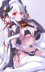  1girl alternate_costume black_capelet black_gloves black_headwear breasts capelet christmas dragon_girl dragon_horns elbow_gloves fate/grand_order fate_(series) fur-trimmed_capelet fur-trimmed_gloves fur-trimmed_headwear fur_trim garter_belt gloves highres horns kiyohime_(fate) large_breasts long_hair morizono_shiki multiple_horns red_eyes sitting solo thigh-highs wariza white_garter_belt white_garter_straps white_hair white_legwear 