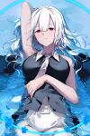  1girl absurdres angel arm_behind_head bangs blush breasts collared_shirt frown hand_on_own_chest highres large_breasts long_hair looking_at_viewer necktie original pants partially_submerged red_eyes shirt solo w_(w64851564) water wet white_hair white_necktie 