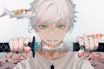  1boy black_nails dog_tags fish green_eyes green_nails highres holding holding_sword holding_weapon katana koi looking_at_viewer original pinlin shirt simple_background smile solo sword tattoo teeth weapon white_background white_hair white_shirt 