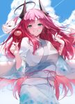  1girl absurdres bangs blue_eyes blush clouds day demon_horns fox_mask halo highres horns japanese_clothes kimono long_hair looking_at_viewer mask open_mouth original pink_hair sky smile solo standing w_(w64851564) 