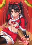  1girl bikini black_hair black_legwear blush bow breasts bridal_gauntlets christmas closed_mouth earrings fate/grand_order fate_(series) hair_bow highres hoop_earrings ishtar_(fate) jewelry long_hair merry_christmas miniskirt navel no_shirt red_bow red_eyes red_nails ryudraw santa_bikini shrug_(clothing) sidelocks sitting skirt small_breasts smile solo swimsuit thigh-highs two_side_up zettai_ryouiki 