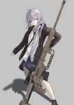  1girl absurdres bangs black_footwear black_jacket black_necktie blue_skirt bolt_action cheytac_m200 closed_mouth expressionless eyebrows_visible_through_hair full_body girls_frontline grey_background gun hair_ornament hairclip highres holding holding_gun holding_weapon jacket light_purple_eyes light_purple_hair long_hair looking_at_viewer m200_(girls&#039;_frontline) necktie rifle shirt shoes skirt sniper_rifle solo standing weapon wh1te white_shirt 
