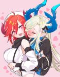  2girls ahoge bare_shoulders blonde_hair blue_horns blush breasts closed_eyes demon_girl eyebrows_visible_through_hair gloves guardian_tales heart horns hug large_breasts looking_at_another multiple_girls noble_succubus_bianca official_alternate_costume open_mouth pointy_ears red_horns redhead succubus_adventurer_yuze uniofthedead white_gloves 