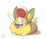  ball commentary_request fangs green_eyes hiisu_(s-1104-d) lying no_humans on_stomach open_mouth pokemon pokemon_(creature) signature solo sparkle tongue tongue_out yamper 