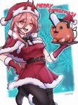  +_+ 1girl absurdres belt black_footwear blue_background bow bowtie breasts chainsaw chainsaw_man christmas demon_girl demon_horns gantai-_(gxntai) gloves hair_between_eyes hat highres holding hood horns long_hair looking_at_viewer medium_breasts merry_christmas open_mouth pink_hair plate pochita_(chainsaw_man) power_(chainsaw_man) red_eyes red_horns red_skirt santa_costume santa_hat sharp_teeth skirt smile snow solo standing standing_on_one_leg teeth thigh-highs 
