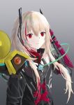  1girl arm_behind_head banana_(girls&#039;_frontline) bangs black_jacket blonde_hair closed_mouth eyebrows_visible_through_hair feet_out_of_frame girls_frontline grey_background headset highres jacket long_hair looking_at_viewer m4_sopmod_ii_(girls&#039;_frontline) mechanical_arms multicolored_hair red_eyes single_mechanical_arm solo standing upper_body wh1te 