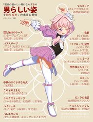  1boy 1girl absurdres arms_up astolfo_(fate) ballet ballet_boots blush bow circle crossdressing eyebrows_visible_through_hair fashion fate_(series) flat_chest footwear_bow footwear_ribbon highres history leaning_forward leg_up long_hair long_sleeves looking_away one_eye_closed otoko_no_ko pink_eyes pink_hair pink_skirt pleated_skirt ponytail red_romanov skirt smile thighs white_legwear yellow_background 