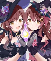  2girls aasa861aasa absurdres bangs bare_shoulders blush brown_hair character_name closed_mouth dress from_side hair_between_eyes hairband hand_on_another&#039;s_cheek hand_on_another&#039;s_face highres holding_hands idol idolmaster idolmaster_shiny_colors long_hair looking_at_another oosaki_amana oosaki_tenka red_ribbon ribbon siblings sisters sleeveless stage twins very_long_hair white_dress white_hairband yellow_eyes yuri 