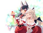  2girls :d animal_ear_fluff animal_ears bangs bell black_hair braid breasts brown_eyes cake cake_slice choker commentary commentary_request deany dress eyebrows_visible_through_hair food fork fox_ears fur-trimmed_dress fur_trim gloves hair_between_eyes hair_ornament highres holding holding_fork holding_plate hololive long_hair looking_at_another medium_breasts multicolored_hair multiple_girls neck_bell ookami_mio plate red_choker red_dress red_gloves redhead shirakami_fubuki short_sleeves sideways_glance smile streaked_hair symbol-only_commentary v_arms virtual_youtuber white_hair wolf_ears 