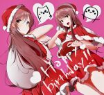  2girls bangs beret blush bow brown_eyes brown_hair capelet christmas closed_mouth commentary_request dress eyebrows_visible_through_hair gloves hair_between_eyes happy_holidays hat houndstooth hug idolmaster idolmaster_shiny_colors long_hair multiple_girls nb_(fgs81jdwtq3lfho) oosaki_amana oosaki_tenka open_mouth plaid plaid_bow print_headwear red_capelet red_dress santa_costume santa_hat siblings sisters sitting smile snowflakes thigh-highs tilted_headwear very_long_hair 