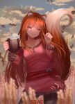  1girl animal_ears bangs beer_mug black_pants blurry blurry_foreground brown_eyes brown_hair closed_mouth collarbone contrapposto cup eyebrows_visible_through_hair highres holding holding_cup holo long_hair looking_at_viewer mug off-shoulder_shirt off_shoulder pants pink_shirt shirt sjao_(user_puww5733) smile solo spice_and_wolf standing straight_hair tail very_long_hair wolf_ears wolf_girl wolf_tail 