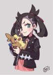  1girl :t asymmetrical_bangs bangs black_choker black_hair black_jacket blush choker closed_mouth commentary_request dress earrings green_eyes grey_background hair_ribbon hiisu_(s-1104-d) holding holding_pokemon jacket jewelry marnie_(pokemon) medium_hair morpeko morpeko_(full) open_clothes open_jacket pink_dress pokemon pokemon_(creature) pokemon_(game) pokemon_swsh ribbon signature simple_background smile sweatdrop 