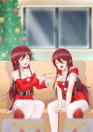  2girls bangs beret blush bow brown_eyes brown_hair cake capelet christmas closed_mouth commentary_request dress eyebrows_visible_through_hair gekikara_poteto gloves hair_between_eyes hat houndstooth hug idolmaster idolmaster_shiny_colors long_hair multiple_girls oosaki_amana oosaki_tenka open_mouth plaid plaid_bow print_headwear red_capelet red_dress santa_costume siblings sisters sitting smile snowflakes thigh-highs tilted_headwear very_long_hair 