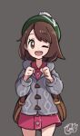  1girl ;d backpack bag bangs bob_cut brown_bag brown_eyes brown_hair buttons cable_knit cardigan clenched_hands collared_dress commentary_request dress eyebrows_visible_through_hair eyelashes gloria_(pokemon) green_headwear grey_background grey_cardigan hands_up hat hiisu_(s-1104-d) hooded_cardigan one_eye_closed open_mouth pink_dress pokemon pokemon_(game) pokemon_swsh short_hair signature simple_background smile solo tam_o&#039;_shanter teeth tongue upper_teeth 