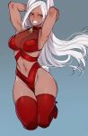  1girl animal_ears arms_up ass_visible_through_thighs bell boku_no_hero_academia boots breasts collar dark-skinned_female dark_skin floating_hair grin groin half-closed_eyes high_heel_boots high_heels highleg highres large_breasts long_hair mirko navel neck_bell rabbit_ears rabbit_tail ratatatat74 red_eyes red_footwear see-through simple_background smile solo tail thigh_gap white_hair 