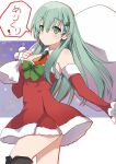  1girl ascot blush breasts christmas closed_mouth detached_sleeves eyebrows_visible_through_hair green_eyes green_hair hair_between_eyes hair_ornament hairclip hinase_(jet_hearts) holding holding_sack kantai_collection large_breasts long_hair merry_christmas official_alternate_costume orange_ascot sack santa_costume solo speech_bubble suzuya_(kancolle) two-tone_background 