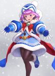  1girl bangs beanie belt blue_coat blue_dress blue_footwear blue_gloves blue_headwear blush boots bow brown_legwear coat dress fate/grand_order fate/grand_order_arcade fate_(series) fur-trimmed_coat fur-trimmed_dress fur_trim gloves hat helena_blavatsky_(christmas)_(fate) helena_blavatsky_(fate) highres hooded_coat large_bow long_sleeves looking_at_viewer open_clothes open_coat open_mouth otsukemono outstretched_arms pantyhose purple_hair red_bow short_hair smile snow solo violet_eyes 