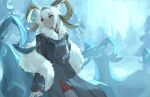  1girl animal_ears arknights backlighting bangs belt bilibilida black_coat black_hairband black_legwear carnelian_(arknights) carnelian_(hohenlohe_chillysand)_(arknights) closed_mouth coat dark-skinned_female dark_skin day eyebrows_visible_through_hair fur_shawl gloves goat goat_ears goat_girl goat_horns hairband highres horns long_sleeves looking_away looking_to_the_side mixed-language_commentary official_alternate_costume outdoors pantyhose red_eyes short_hair silver_hair sitting smile solo white_gloves 