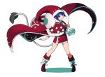  1girl :3 bangs blue_eyes blue_hair brown_footwear cape capelet closed_mouth doremy_sweet dress full_body hat holding holding_sack looking_at_viewer nightcap pom_pom_(clothes) red_cape red_capelet red_dress red_headwear sack santa_costume shishi_osamu short_hair simple_background smile solo standing tail tapir_tail touhou white_background 