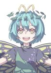  1girl absurdres antennae aqua_hair butterfly_wings dress eternity_larva fairy green_dress hair_between_eyes highres kame_(kamepan44231) leaf leaf_on_head multicolored_clothes multicolored_dress open_mouth outstretched_arms round_teeth short_hair short_sleeves simple_background single_strap smile solo spread_arms teeth touhou upper_body upper_teeth white_background wings yellow_eyes 