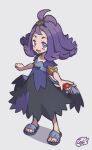  1girl :d acerola_(pokemon) armlet bangs blue_dress commentary dress flip-flops flipped_hair full_body grey_dress hair_ornament hairclip hiisu_(s-1104-d) holding holding_poke_ball medium_hair multicolored_clothes multicolored_dress open_mouth poke_ball poke_ball_(basic) pokemon pokemon_(game) pokemon_sm purple_hair sandals short_sleeves smile solo standing stitches toes tongue topknot torn_clothes torn_dress 