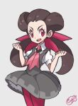  1girl brown_hair clenched_hands collared_shirt commentary dress eyelashes grey_background grey_dress hair_ribbon hands_up hiisu_(s-1104-d) long_hair looking_at_viewer open_mouth pantyhose pink_eyes pink_ribbon pokemon pokemon_(game) pokemon_oras ribbon roxanne_(pokemon) shirt signature simple_background smile solo teeth tongue twintails upper_teeth w_arms white_shirt 