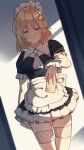  1girl absurdres alternate_costume apron black_dress commentary dress enmaided frilled_dress frills highres holding holding_phone hololive hololive_english jl_tan maid phone solo watson_amelia white_apron 