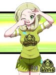 1girl ;d absurdres alternate_costume blonde_hair breasts chartreuse_green_t-shirt commentary_request finger_frame green_eyes green_shirt green_shorts green_t-shirt gym_challenge_uniform hands_up highres jersey large_breasts medium_hair one_eye_closed open_mouth pokemon pokemon_(game) pokemon_swsh pokemon_xy shabana_may shirt shorts smile solo sportswear t-shirt uniform_number viola_(pokemon)