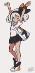  1girl arms_up bangs bea_(pokemon) black_hairband black_skirt bow_hairband collared_shirt commentary_request eyelashes footwear_ribbon full_body grey_eyes grey_hair hairband highres hiisu_(s-1104-d) knees one_eye_closed pleated_skirt pokemon pokemon_(game) pokemon_swsh school_uniform shirt shoes short_hair short_sleeves signature skirt sneakers solo standing stretch white_footwear white_shirt wristband 