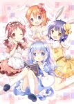  4girls :d ;) animal_ears bare_shoulders black_footwear black_hairband blue_dress blue_eyes blue_hair blush book brown_eyes brown_hair closed_mouth commentary_request crown detached_sleeves dress feet_out_of_frame frilled_hairband frills gochuumon_wa_usagi_desu_ka? hair_ornament hairband hat highres holding holding_book hoto_cocoa jouga_maya kafuu_chino kemonomimi_mode kneeling knees_together_feet_apart knees_up long_hair low_twintails mini_crown mini_hat mini_top_hat multiple_girls nanase_miori natsu_megumi one_eye_closed open_book pink_dress puffy_short_sleeves puffy_sleeves purple_hair rabbit_ears rabbit_girl rabbit_tail red_eyes shirt shoe_soles short_sleeves sitting smile socks strapless tail tiara tilted_headwear tippy_(gochiusa) top_hat twintails very_long_hair violet_eyes white_legwear white_shirt white_sleeves wrist_cuffs x_hair_ornament yellow_dress yellow_headwear 