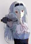  1girl bangs black_gloves black_hairband blood_on_arm closed_mouth cup expressionless eyebrows_visible_through_hair feet_out_of_frame girls_frontline gloves gun hair_between_eyes hairband handgun highres holding holding_cup light_blue_hair long_hair looking_at_viewer neck_ribbon red_eyes red_ribbon ribbon shirt solo standing thunder_(girls&#039;_frontline) upper_body weapon wh1te white_background white_shirt 