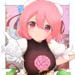  1girl absurdres bandaged_arm bandages breasts bun_cover carnation cherry_blossoms double_bun eyebrows_behind_hair flower gbcolor_(naza) gold_trim hand_on_hip highres ibaraki_kasen large_breasts looking_at_viewer pink_eyes pink_flower pink_hair reaching_out short_hair smile solo touhou upper_body 