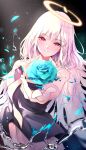  1girl absurdres bangs blush breasts dress falling_petals flower halo highres holding large_breasts long_hair looking_at_viewer original petals red_eyes rose simple_background smile solo w_(w64851564) water white_hair 
