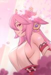  1girl animal_ears breasts cherry_blossoms closed_mouth earrings genshin_impact highres jewelry long_hair looking_at_viewer medium_breasts obi pink_eyes pink_hair red_sash sash shellvi sideboob smile solo upper_body yae_(genshin_impact) 