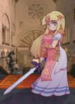 1girl absurdres blonde_hair blue_eyes blush commentary dress earrings full_body hair_intakes highres holding holding_sword holding_weapon indoors jewelry kemori long_dress long_hair looking_at_viewer master_sword pointy_ears princess_zelda solo standing super_smash_bros. sword the_legend_of_zelda triforce weapon