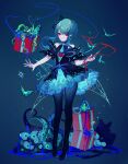  1girl absurdres bangs bare_shoulders black_dress black_legwear blue_background bow box bug butterfly chinese_commentary commentary_request dress full_body gift gift_box green_hair hair_bow highres original pantyhose petticoat red_eyes sheya short_hair_with_long_locks solo standing 
