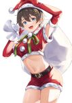 1girl :d arm_up belt black_hair blue_eyes breasts cowboy_shot crop_top elbow_gloves fur_trim gloves hair_ornament hairclip hat highres holding looking_at_viewer medium_breasts midriff navel original pom_pom_(clothes) red_gloves red_headwear red_shirt red_shorts sack santa_costume santa_hat shirt short_hair short_shorts short_sleeves shorts smile solo stomach tapioka_(oekakitapioka) thighs tomboy 
