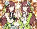  2girls bangs beret blush bow brown_eyes brown_hair capelet christmas closed_mouth commentary_request dress eyebrows_visible_through_hair gloves green_dress hair_between_eyes hat houndstooth idolmaster idolmaster_shiny_colors long_hair multiple_girls oosaki_amana oosaki_tenka open_mouth plaid plaid_bow print_headwear siblings sisters sitting smile snowflakes thigh-highs tilted_headwear very_long_hair 