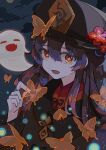  1girl bangs black_headwear black_nails boo_tao_(genshin_impact) brown_hair bug butterfly dna_3000 english_commentary flower genshin_impact ghost hat highres hu_tao_(genshin_impact) jewelry long_hair open_mouth plum_blossoms porkpie_hat red_eyes ring solo twintails 