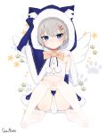  1girl absurdres angel_wings animal_ears blue_eyes blue_santa_costume christmas goki_buri highres no_shoes rurine_luna santa_costume short_hair silver_hair soles solo toes virtual_youtuber wactor_production white_legwear wings 