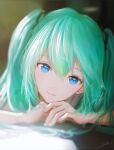 1girl aqua_hair aqua_nails bloom blue_eyes blurry blurry_foreground close-up commentary depth_of_field hair_tie hatsune_miku highres long_hair looking_at_viewer lying nail_polish ojay_tkym on_stomach portrait revision sidelighting signature solo twintails vocaloid 