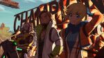  1girl 2boys absurdres apex_legends backlighting bangs blonde_hair blue_bodysuit blue_headwear bodysuit brown_hair caustic_(apex_legends) crypto_(apex_legends) dangoyan drone explosion gas_mask goggles grey_hair hack_(apex_legends) hands_in_pockets highres jacket mask multiple_boys orange_jacket ribbed_bodysuit smile wattson_(pokemon) white_bodysuit white_jacket 