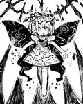  1girl antennae bare_shoulders blush butterfly_wings dress eternity_larva eyebrows_visible_through_hair fairy full_body greyscale hair_between_eyes leaf leaf_on_head mokumoku22 monochrome multicolored_clothes multicolored_dress open_mouth short_hair short_sleeves single_strap smile solo touhou wings 